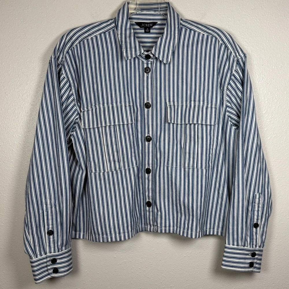J‎ Crew Cargo Button Up Railroad Stripe Shirt Jacket M Shacket Heritage Utility